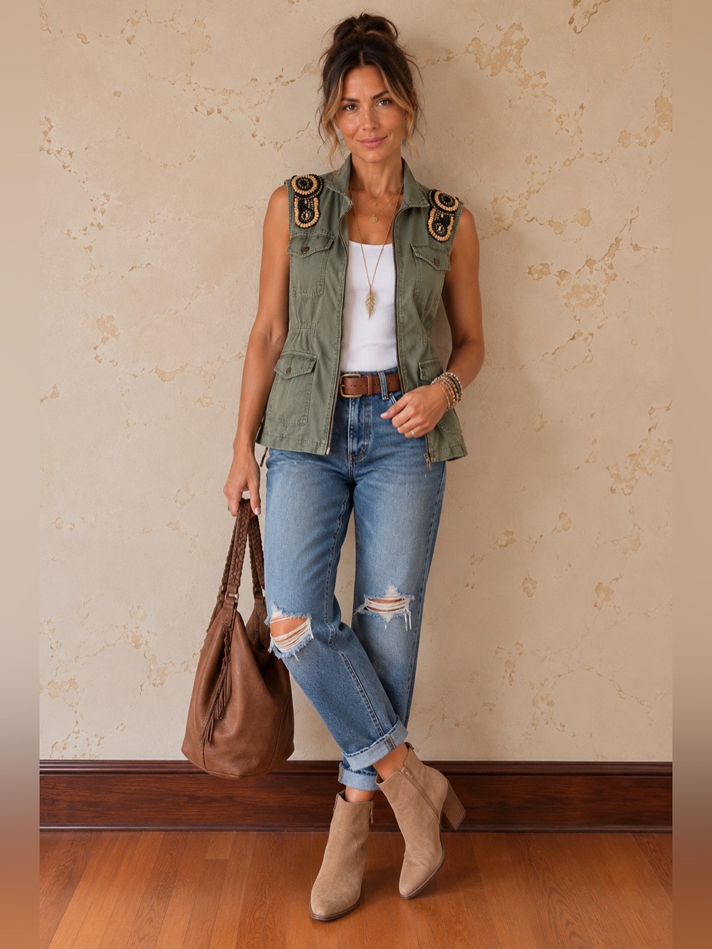 Ruff Hewn Olive Utility Vest Beaded Detail Medium